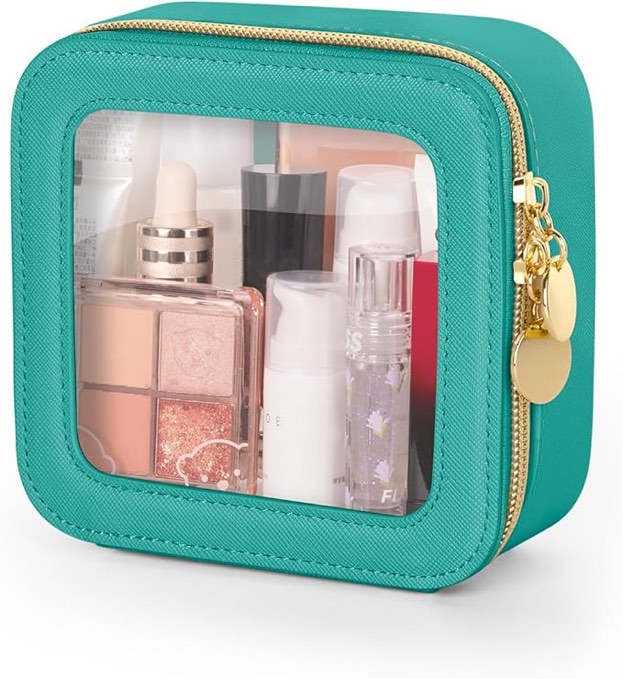 Mini Makeup Bag, Small Makeup Bag for Purse, Waterproof Clear Makeup bag, Leather Cosmetic Bag, Square Make Up Bag Pouch, Toiletry Bag for Travel, Car and Women, Green