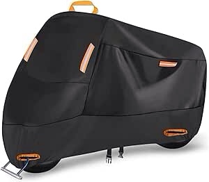 Heavy Duty Motorcycle Cover, Seceles All Season Durable Waterproof Outdoor Protection Scooter Cover with 4 Reflective Tape Storage Bag Fits up to 110" Yamaha Honda Harley Suzuki (4XL: 114"* 37"* 55")