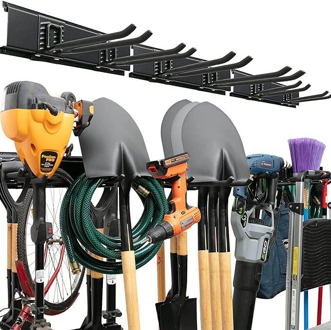 Garage Tool Organizer Wall Mount - Sturdy Storage Rack with Adjustable Hooks, Anti-Rust Panel - Easy Installation, 300lbs Capacity - Garden Tool Organizer for Garage (03 Racks & 06 Hooks)