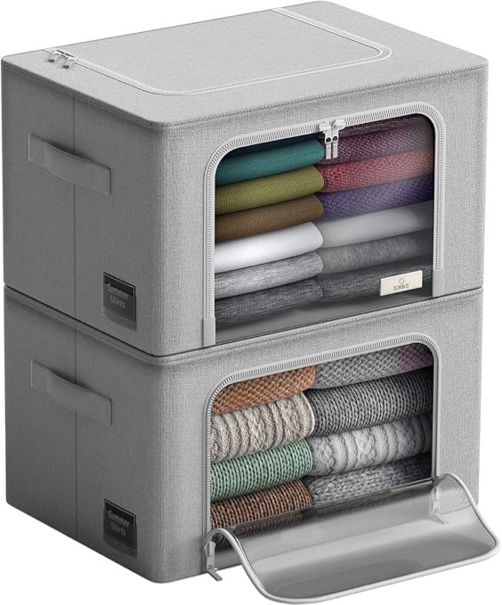 Storage Bins with Metal Frame - Stackable & Foldable Clothes Organizer Bags - Oxford Fabric Storage Containers with Large Clear Window & Carry Handles, Organization for Bedding, Linen, Clothes & More((grey)))
