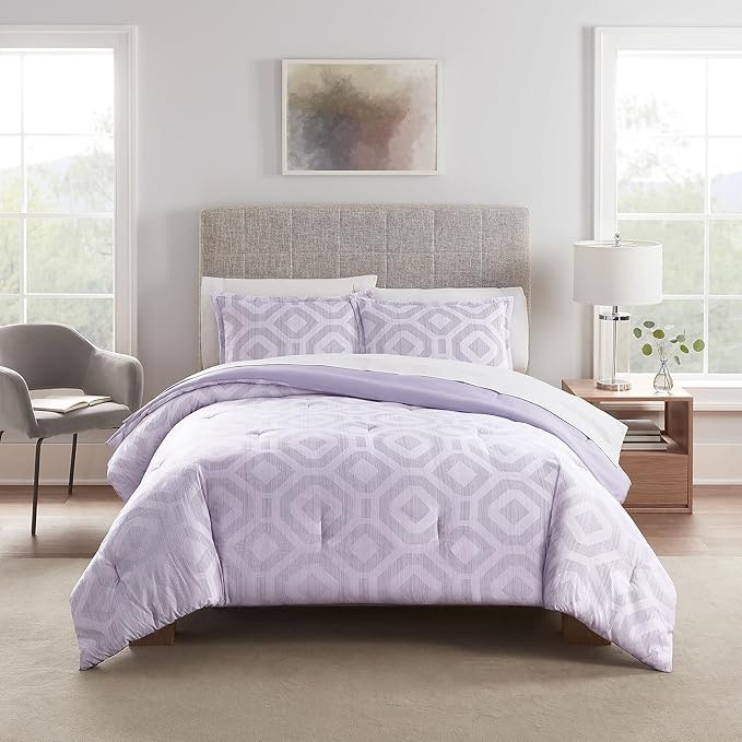 Serta Simply Clean Skyler Soft Modern 3 Piece Geometric Comforter Set with Pillow Case for All Season, Full/Queen, Lavender