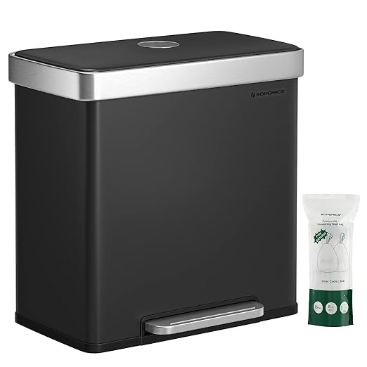 SONGMICS Kitchen Trash Can, 16 Gallon (2 x 8 Gallon) Dual Compartment Garbage Can, 60L Pedal Recycling Bin, Stay-Open Lid and Soft Closure, Stainless Steel, 15 Trash Bags Included, Black ULTB202B01