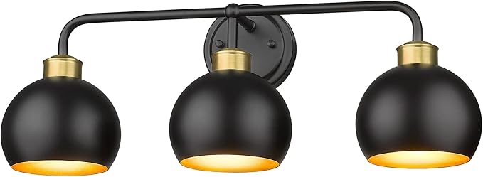 Vanity Lights - 3-Light Modern Bathroom Lights with Metal Frame, Bathroom Light Fixtures in Matte Black and Brushed Brass Finish Vanity Lighting Fixtures for Bathroom, V9026-3 BK+BR