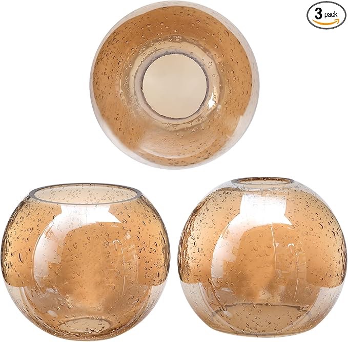 3 Pack Round Sphere Glass Globes for Light Fixtures Replacement, 5.9" Diameter, Clear Amber Seeded Bubble Glass Shade for Farmhouse Pendant Light Chandelier Wall Sconce, 1-5/8 Inch Fitter