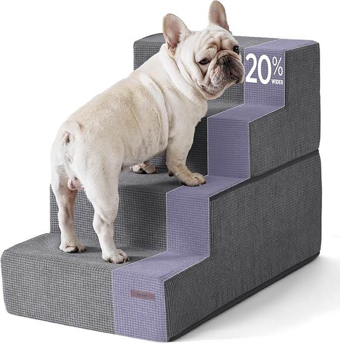 Lesure Dog Stairs for Bed 22" H x 18" W Extra Wide 4-Step Dog Steps Portable for High Bed Foldable Foam Pet Stairs for Small Dogs and Cats with Supporting Board and Non-Slip Bottom, Grey