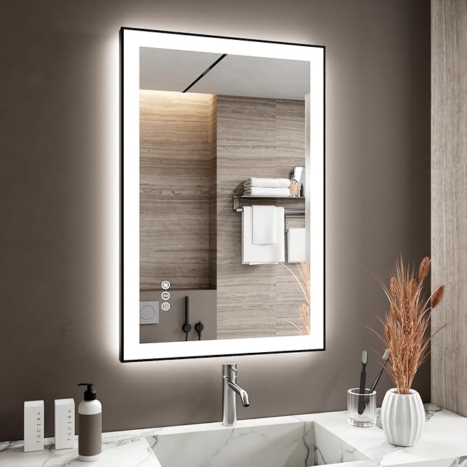 24x36 Inch LED Bathroom Mirror with Black Frame, Backlit and Front Lighted Bathroom Mirrors for Wall, Anti-Fog, Dimmable, Memory, Shatterproof, LED Vanity Mirror for Bathroom