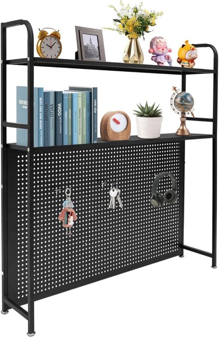 2 Tiers Desk Bookshelf, Organizer Rack with Wide Hole Plate, 0.59in Steel Thickness Desktop Shelves, Office Supplies Organizers Bookshelf for Desk (Black)