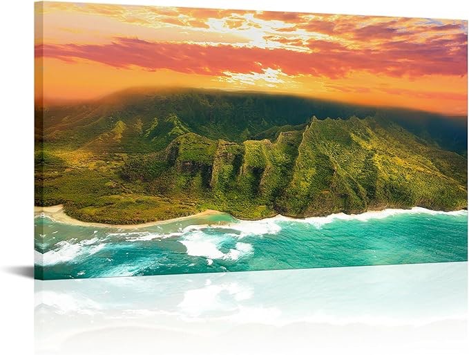 Size 20x36 Artsbay Hawaii Canvas Wall Art Beautiful Na Pali Coast Kauai Pictures landscape Artwork Sunset at Coastline Island Canvas Prints for Living Room Bedroom Home Office Decor