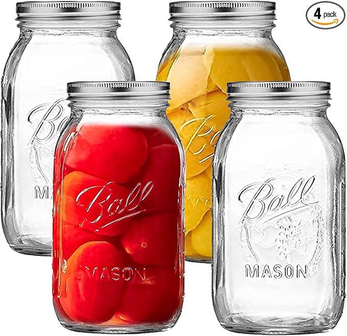 Perfect Mason Jars 32 oz [4 Pack] With mason jar lids and Bands, mason jars 32 oz - For Canning, Fermenting, Pickling - Jar Decor - Microwave/Freeze/Dishwasher Safe.