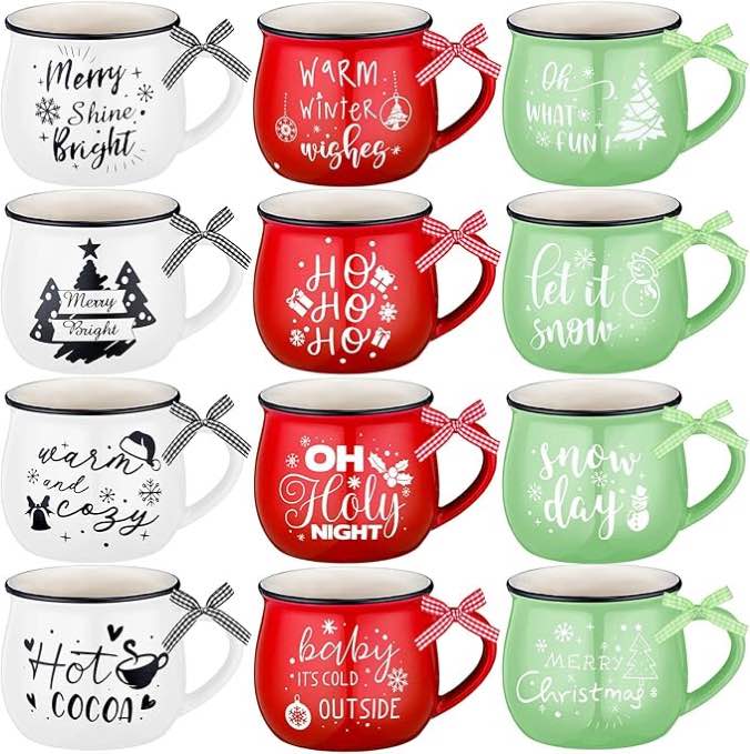 ( incomplete 11 pcs only ) 12 Pcs Ceramic Christmas Mugs Set 12 Oz Christmas Coffee Mugs with Ribbon Christmas Cups for Tea and Coffee Xmas Holiday Gift Tiered Tray Decor for Hot Cocoa Kitchen Table, Red, Green, White