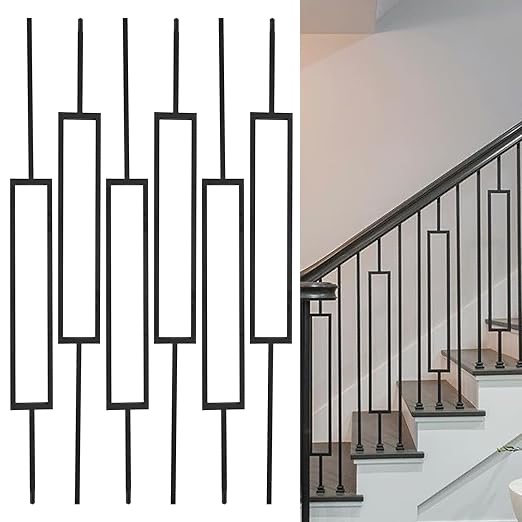 Wrought Iron Balusters - 10Pack - Hollow Single Rectangular Iron Spindles, Decorative Metal Balusters for Decks, 1/2 Inch Square Baslusters for Staircase Interior (Satin Black) - GD10...