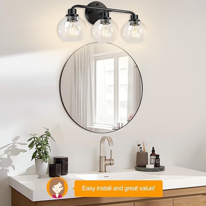 bathroom light fixtures black vanity light 3 light modern wall scones lighting bathroom lights with globe clear glass shades bath wall lights wall lamp for mirror kitchen living room hallway “SIMILAR NOT EXACT AS STOCK PHOTO