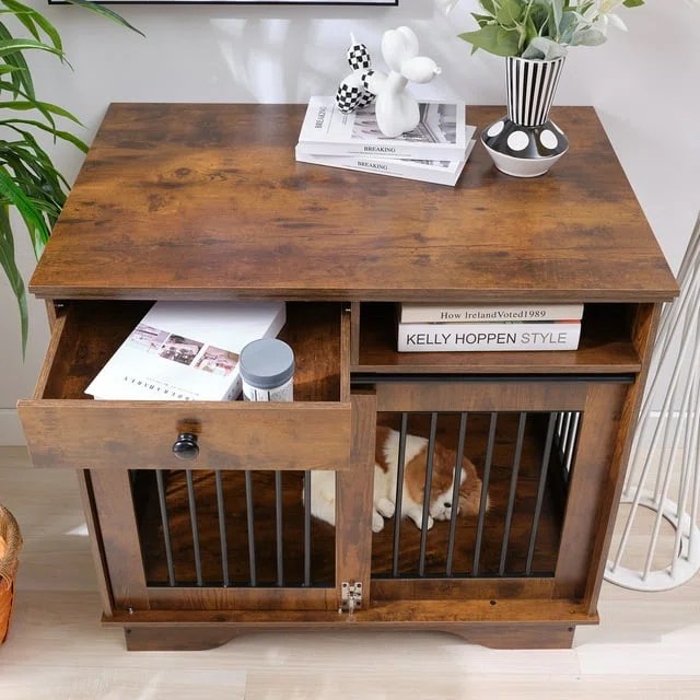 *damaged box*may be missing hardware*corner piece broken*Dog Furniture - 3-in-1 Side Table Kennel with Silent Sliding Doors & Hidden Storage, Solid Pine Wood Crate for Small Dogs (Brown/Grey)