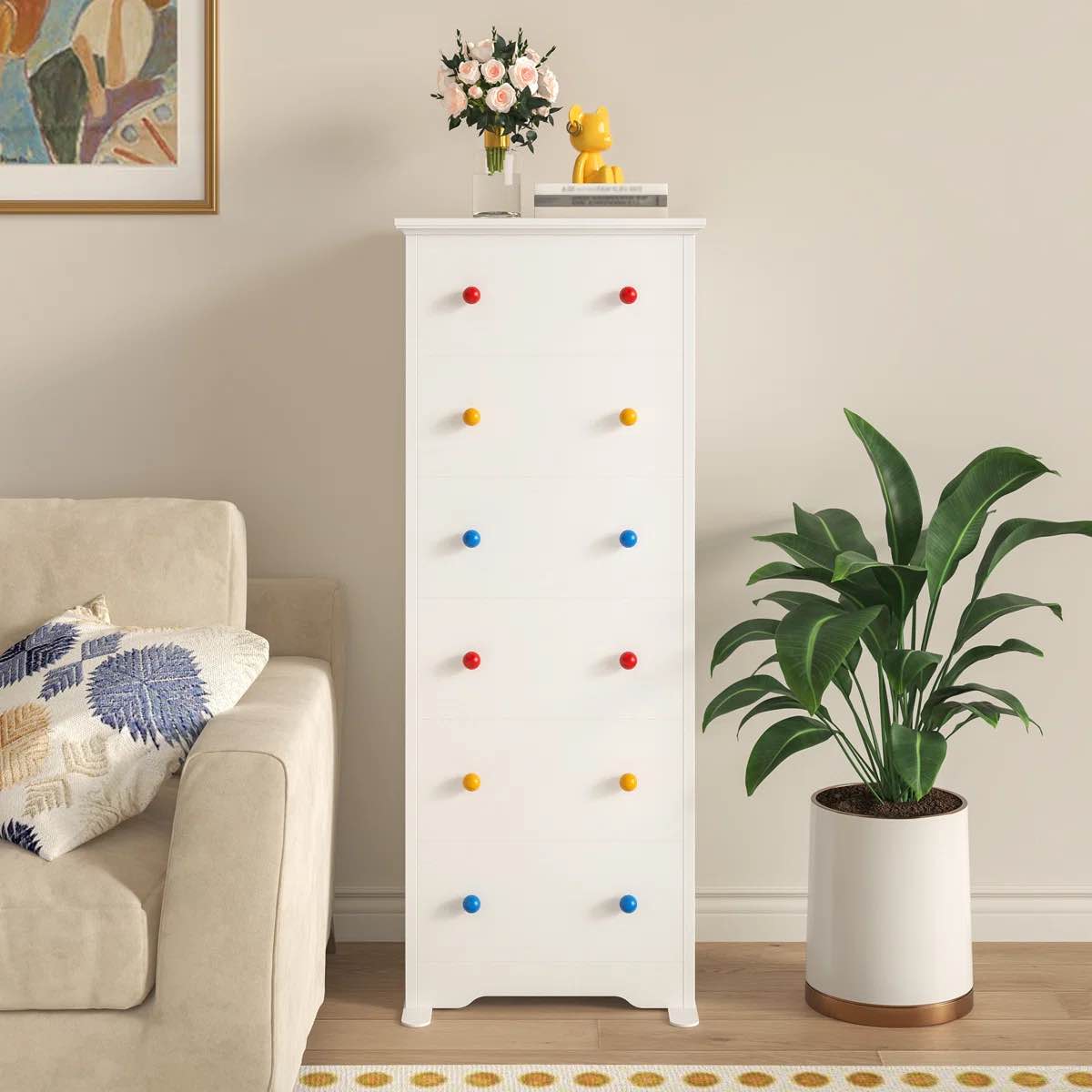 51.5" H 6 Drawer Tall Dresser With Colorful/Black Handles, Modern Wood Storage Cabinet With Anti-Tip Design & Silent Metal Slides, for Bedroom
