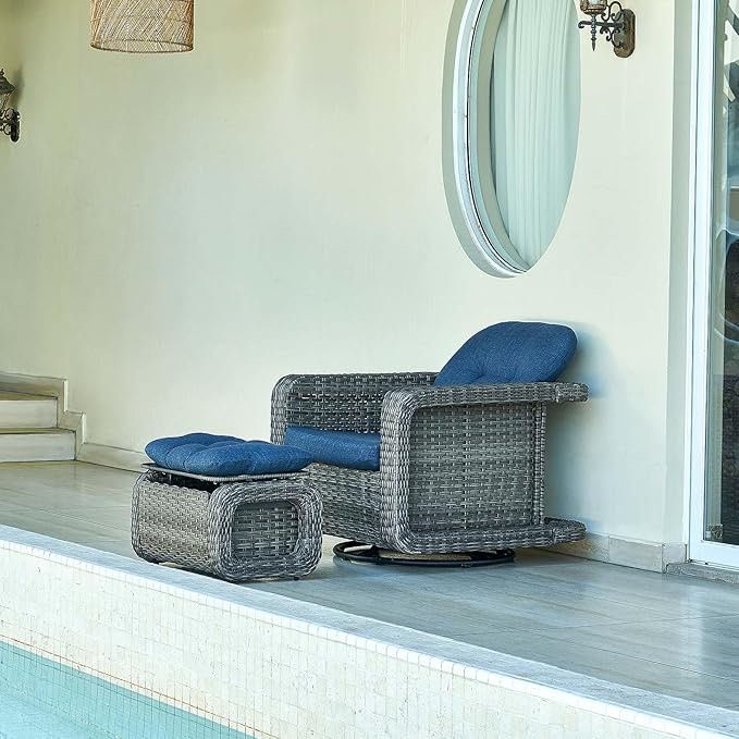 Patio Glider Swivel Rocker Set: 2Piece Patio Furniture Sets, 360° Swivel Rocking Chairs With Ottoman, Rust-Resistant Cushion -Perfect For Backyard/Deck/Porch/Balcony Decors- Gray Wicker, Blue Cushion(1Chair+1Ottoman)