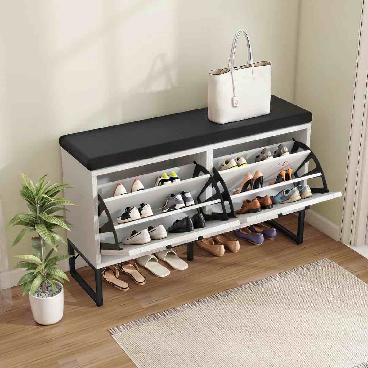 *grey and white*Hidden Shoe Bench with 2 Flip Drawers