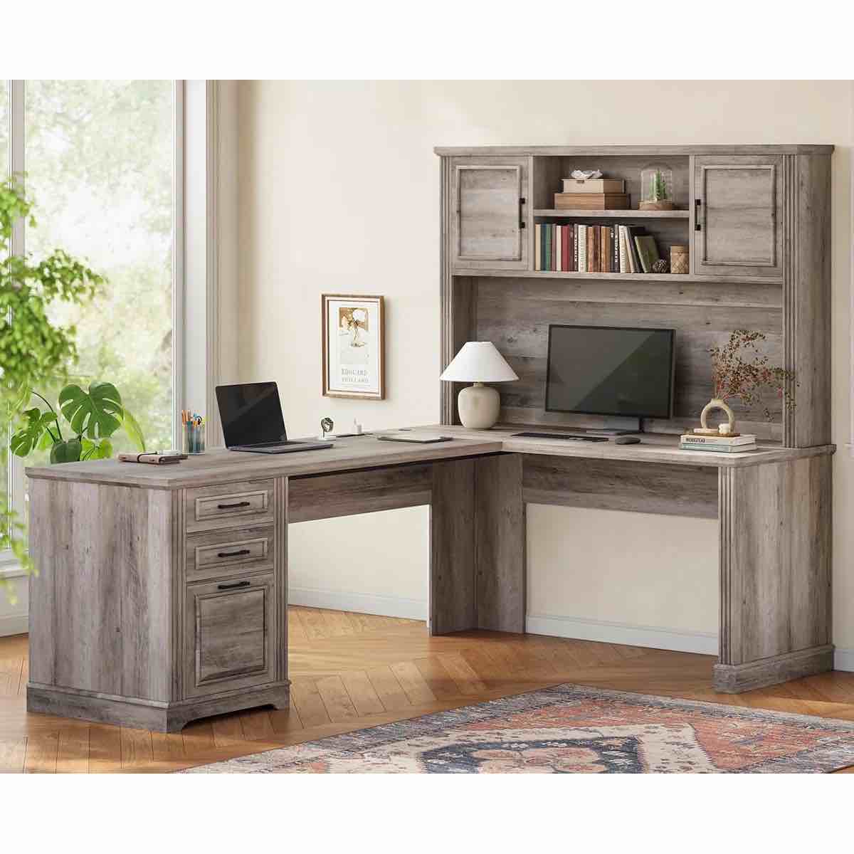 *similar to stock photo*Farmhouse L Shaped Desk With Hutch And 3 Drawers, 68.9" Executive Office Desk With File Drawer And Power Outlet, Corner Computer Desk With Storage Shelves For Home Office,