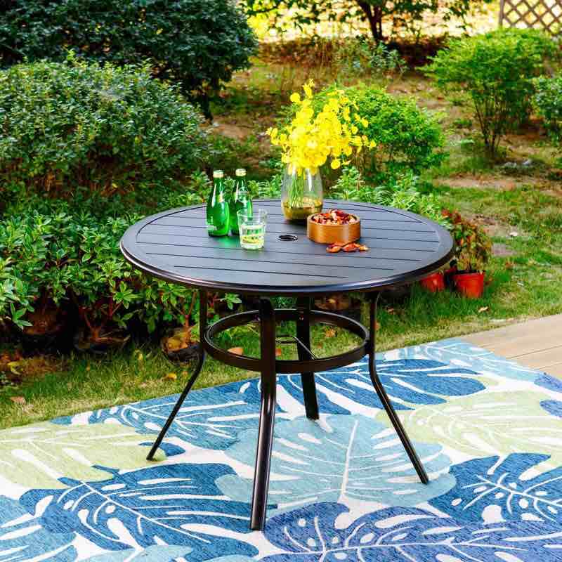 *similar to stock photo* may be missing pieces*Round Patio Dining Table with Umbrella Hole - Black - Captiva Designs: Weather-Resistant Outdoor Furniture