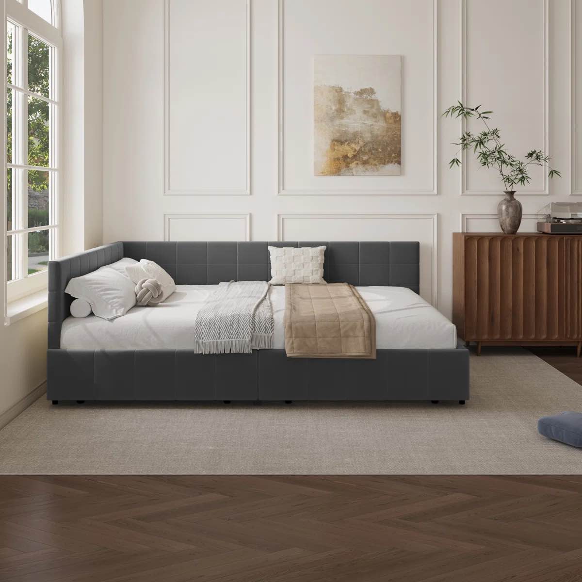 *missing parts*Upholstered Daybed With Backrest, Reversible Armrests, And Storage Drawers