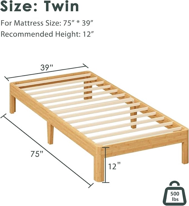*similar to stock photo*ZIYOO 12 Inch Twin Size Natural Bamboo Platform Bed Frame, Modern Minimalist Design, Easy Assembly, Heavy Duty Support, No Box Spring Needed