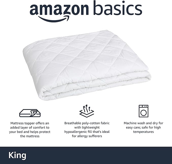 *similar to stock photo*Amazon Basics Hypoallergenic Quilted Breathable Mattress Topper Pad, 18 Inches Deep, King Size, White