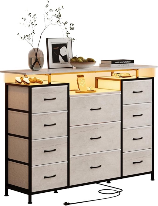 LUMTOK 11 Drawers Dresser with Fabric Drawers,Charging Station, LED Lights and Shelves for Bedroom Storage Organization (Greige)