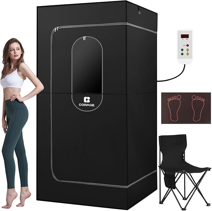 *similar to stock photo*COSVALVE Portable Infrared Sauna for Home, Dry Sauna with 4 Heating Panels and Heated Foot Pad, 1 Person Infrared Sauna Tent Full Size, Remote Control, Indoor Home Spa, 35.4" x 35.4" x 71", Black