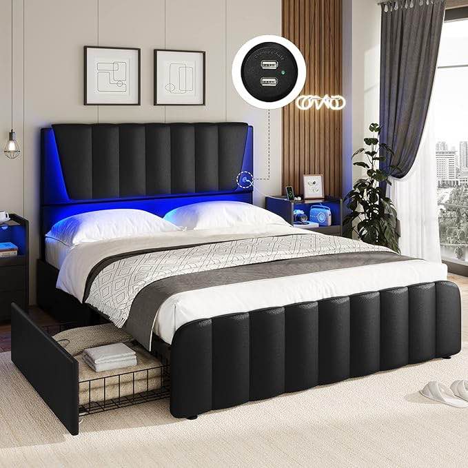*similar to stock photo*beige*AOGLLATI Queen Bed Frame with Headboard and 4 Storage Drawers, Led Light & 2 USB Ports,Led Bed Frame Queen Size with Wooden Slats Support, No Box Spring Needed,Black
