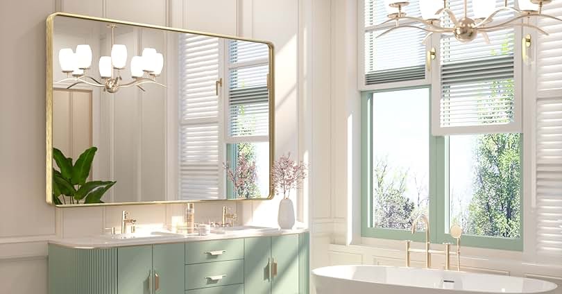 FARMER 20x28 Inch Matte Gold Bathroom Mirrors for Wall, Brushed Bathroom Vanity Mirror with Rounded Edge, Metal Framed Rectangle Mirrors for Bathroom or Living Rooms, Hangs Horizontally or Vertically