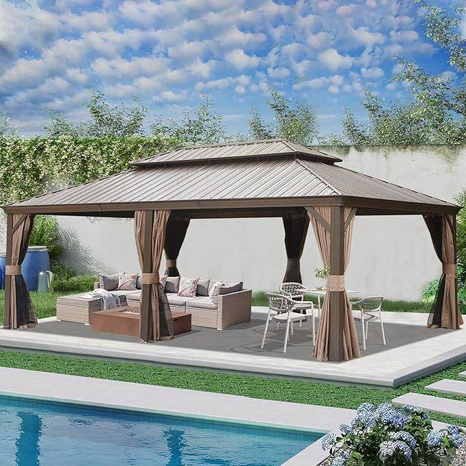 *similar to stock photo*incomplete*missing boxes*Domi 14' X 24' Hardtop Gazebo Large Outdoor Metal Gazebo Canopy with Galvanized Steel Double Roof, Aluminum Frame, Curtains and Netting for Patio, Deck, Garden