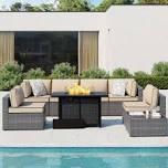 Emanie 6 - Person Rattan Outdoor Patio Set with Fire Pit Table