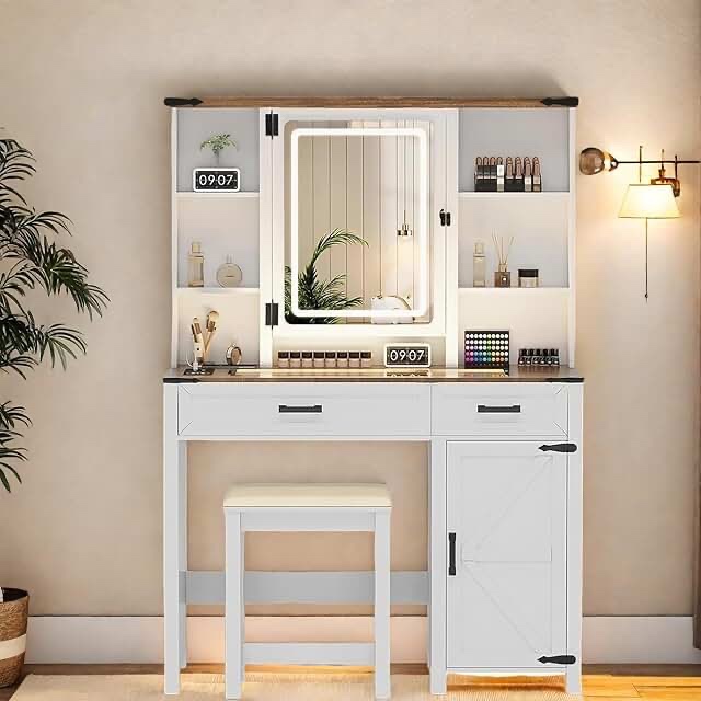 YITAHOME 41.3'' Vanity Desk with Mirror and Lights, Makeup Vanity Set with 4 Drawers, Shelves, Cabin
