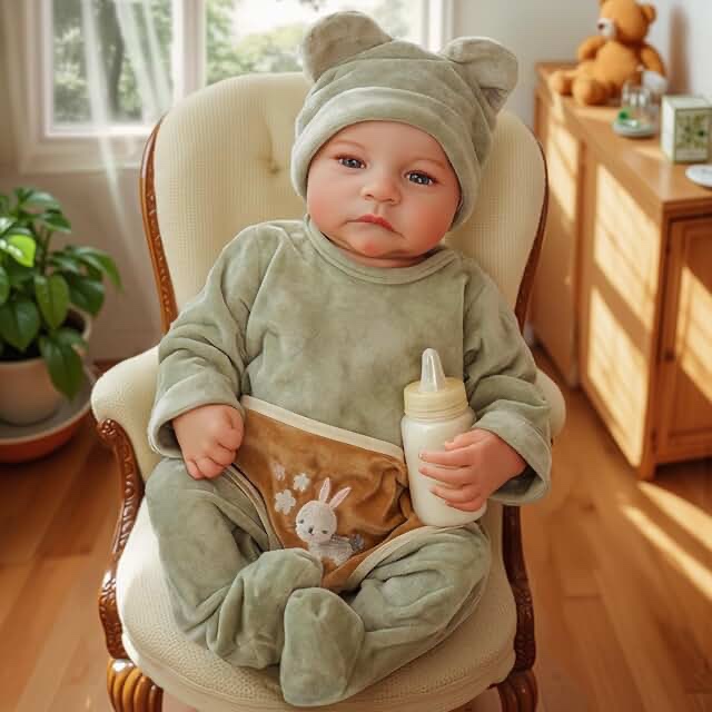 Reborn Baby Dolls - 18 Inch Soft Vinyl Newborn Baby Doll Brown Eyes Realistic Baby Boy Lifelike Baby Dolls with Feeding Kit Gift Box for Kids Age 3+