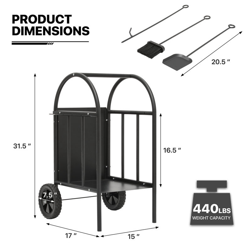 *missing broom and hardware*Firewood Rack Log Cart, Fireplace Log Holder with Wheels, Poker, Shovel and Broom for Indoor Outdoor