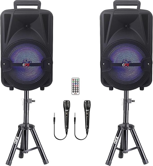 QFX - Portable Bluetooth Speakers with Stands and wired Microphone - Black “MAYBE DOES NOT WORK 