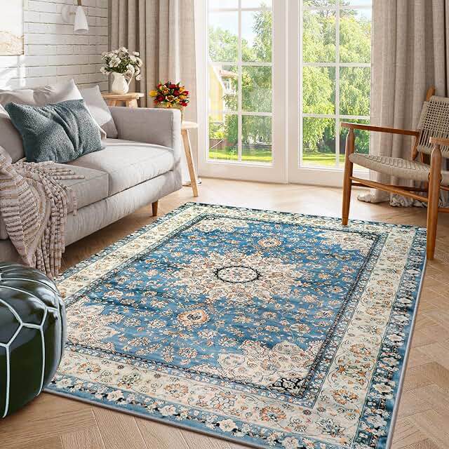 5x7 Area Rugs Machine Washable Boho Rug Oriental Floral Soft Indoor Carpet Low Pile Non Slip Large Rugs for Living Room Bedroom Office Dining Room Decor Aesthetic