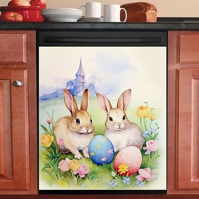 Spring Happy Easter Bunny Magnetic Dishwasher Cover Vinyl Decal,Flowers Kitchen Decor Vinyl Sticker,Rabbit Refrigerator Magnetic Covers Front Decal for Home Decor,23Wx26H Inches Happy Easter Bunny 23 W x 26 H inches(Magnet Sticker)