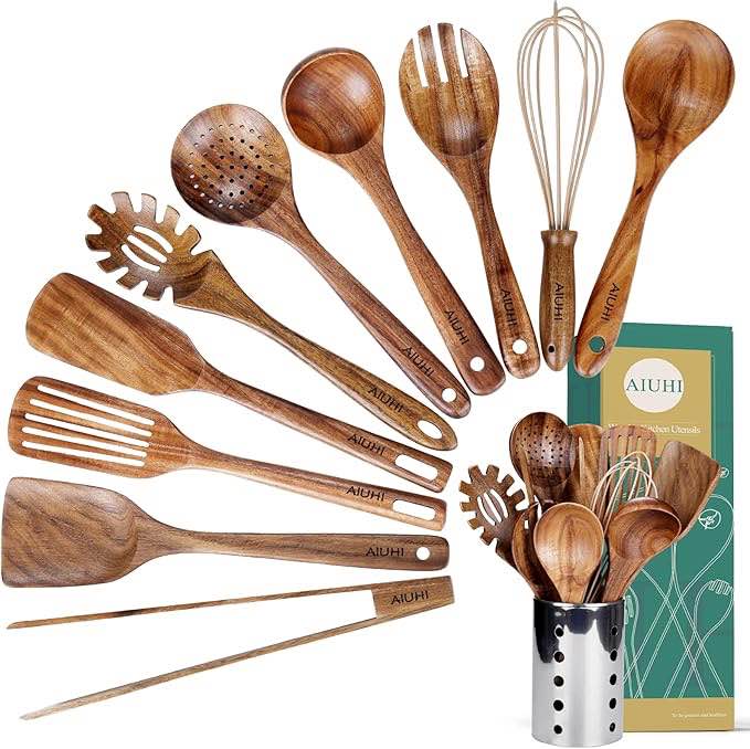 11 -Piece Wood Cooking Spoon Set with Utensil Crock *MISSING 6 out of 11 peices* 