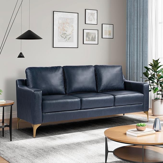 Navy Blue Leather Couch *INCOMPLETE MISSING ONE BOX ONLY BASE OF COUCH*