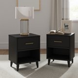 Modern Black Nightstands Set of 2 with Charging Station 1 Drawer Storage Wooden Bedside End Table Living Bedroom Assembly