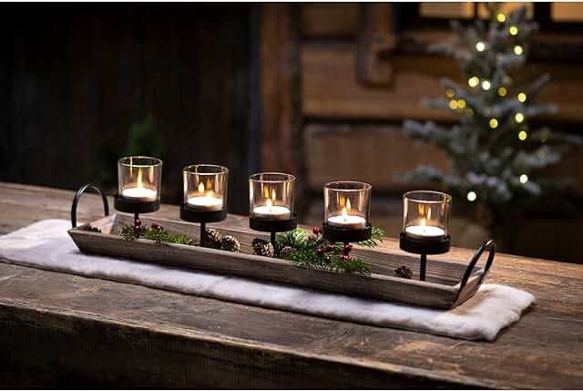 5-Pillar Candelabra Centerpiece with Glass Cups and Rustic Wood Tray