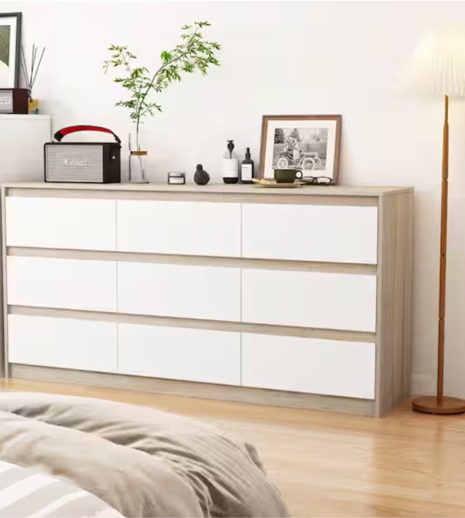 Natural Brown 9-Drawer Wood Chest of Drawers 31.5 in. H x 63 in. W x 15.7 in. D Storage Cabinet