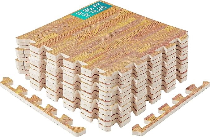 Yes4All 12SQ.FT Wood Grain Puzzle Exercise Mat Protective Flooring, EVA Interlocking Foam Floor Tiles with Border for Home