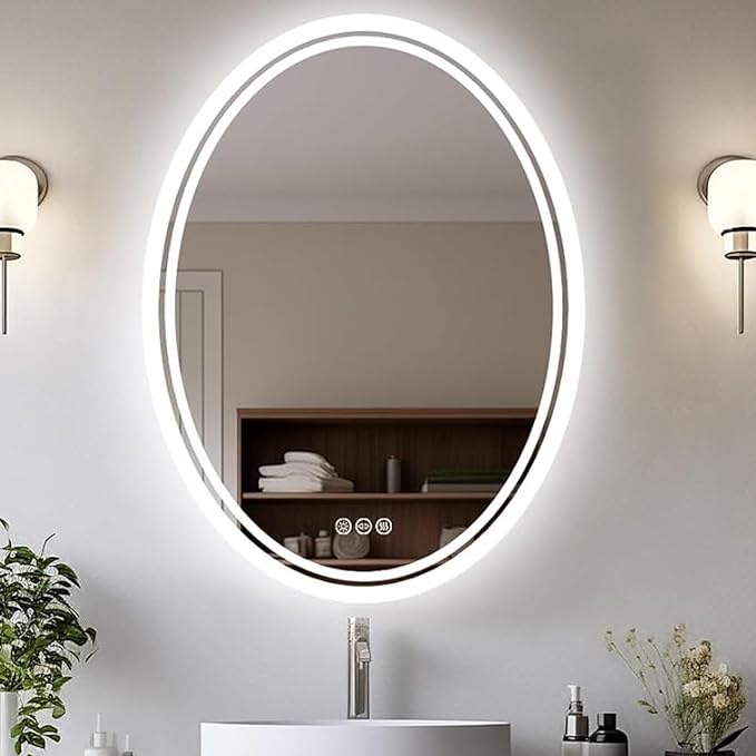 LUVODI LED Bathroom Vanity Mirror: 500 x 700mm Oval Dimmable Wall Illuminated Mirror with Anti Fog Smart Touch Sensor Backlit Lighted Makeup Shaving Mirror, 3 Lighting Colors