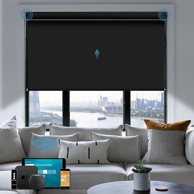 Motorized Shades100% Blackout Roller Blinds,Work with Google Assistant,Apple Homekit,Automatic Shades,Custom Widths from 26 4/5. wx72H Vinyl Black