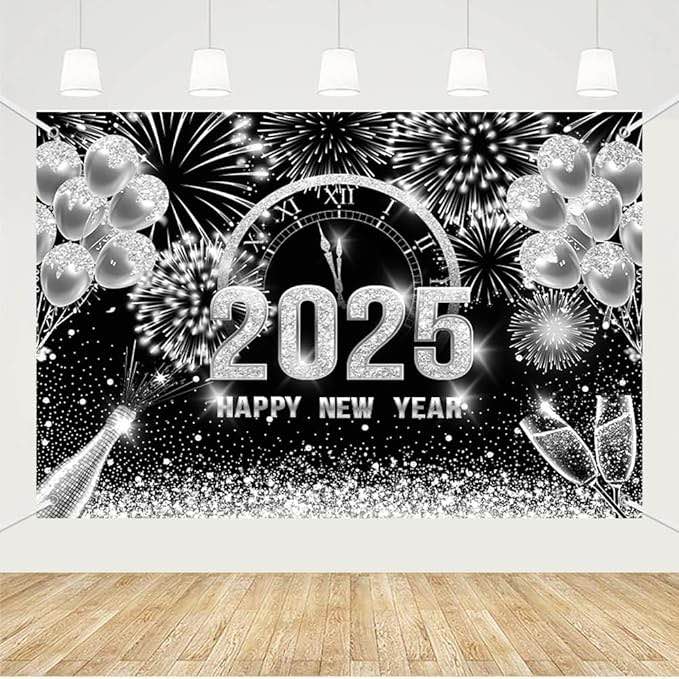MEHOFOND 7x5ft Black and Silver 2025 Happy New Year Backdrop Hello 2025 New Year Eve Party Photography Background Champagne Balloon Fireworks Glitter Dots Cheers to 2025 Decor Banner Photo Booth Props 2- pack 