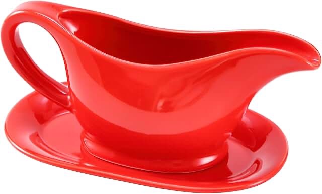 Bruntmor 11 Oz Red Ceramic Gravy Boat With Tray, 11 Ounce Small Ceramic Serving Dish, Dispenser with Tray For Sauces, Gravy Boats With Saucer For Thanksgiving And Christmas Dinner