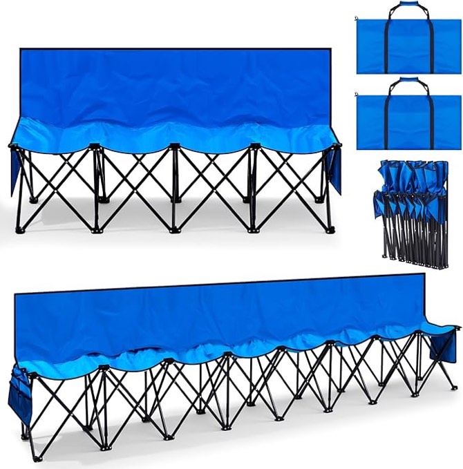 2 Size Portable Folding Soccer Bench Chair with Back Team Sports Sideline Bench Chair for Football Camp Travel Outdoor Foldable Seating Camping with 2 Storage Bags(4 Seats, 8 Seats,Blue)
