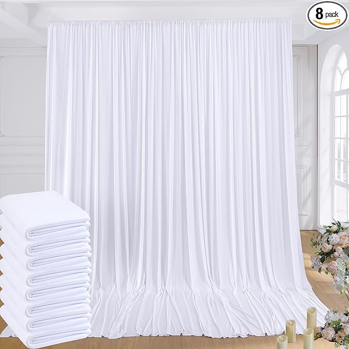  Roll over image to zoom in 40ftx8ft White Wrinkle Free Backdrop Curtains for Parties, 8 Panels 5×8ft Silky Soft Polyester Wedding Drapes for Backdrop Decor Birthday Party Baby Shower Photo Photography Background Curtain