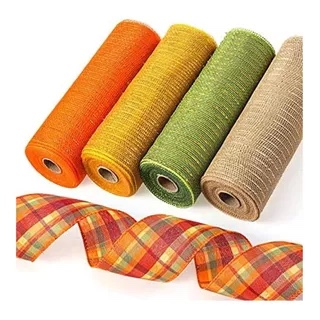 10 Rolls Thanksgiving 10inX10 Yard Mesh Ribbon and 2.5inX7 Yard Wired Ribbon Rolls Metallic Foil Orange Green Yellow  Decoration Ribbon for DIY Wrapping Crafts Wreath Party Home Decor Thanksgiving Style